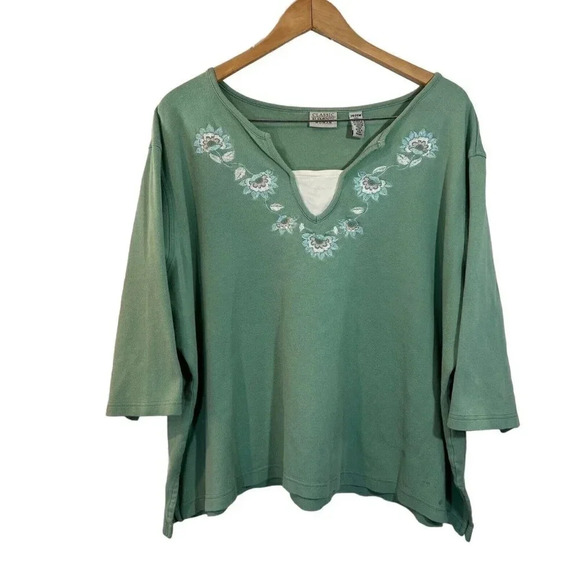 Classic Elements Mint Green Blouse Plus Size 24/26W Flower Embroidered Cotton - Picture 1 of 8